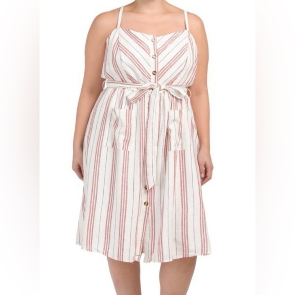 Costal Summer Midi Dress Linen Stripe Button Front Tie Waist Spaghetti Strap XXL